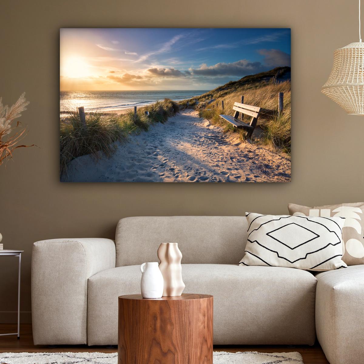 LEINWANDBILD Sonnenuntergang - Strand - Düne - Gras - Ufer Groß 140x90 cm - Sandfarben, Textil (140/90cm) - MuchoWow