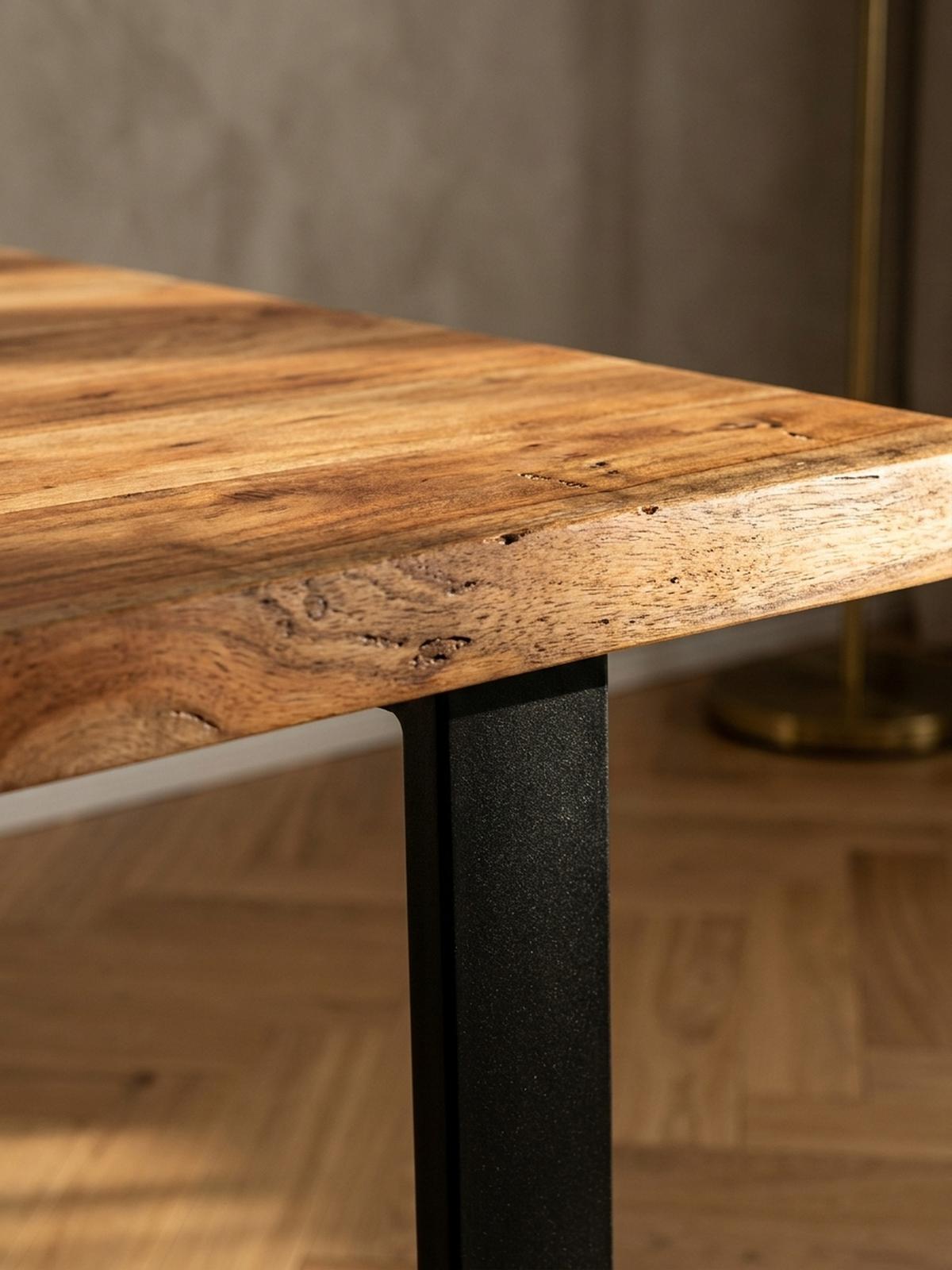 ESSTISCH Massivholz Baumkante Schwarz Metall Handgefertigt TARN, Goldbraun-Schwarz 120x60x76 cm - Schwarz/Braun, Holz (60/120/76cm) - KADIMA DESIGN