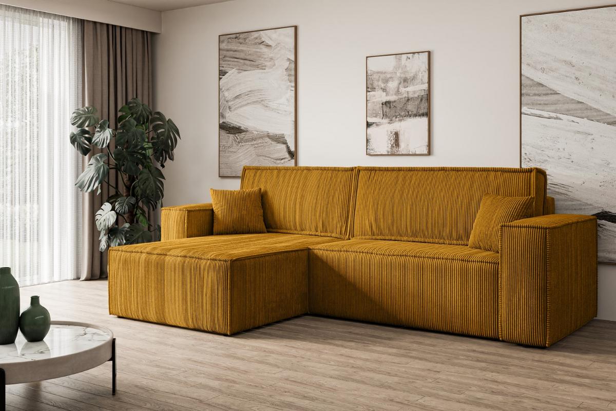 ECKSOFA mit Schlaffunktion und Bettkasten CELTIC-XL - 277x143x83 cm Senfgelb Cord - Gelb/Schwarz, Holzwerkstoff/Kunststoff (277/143cm) - ALTDECOR