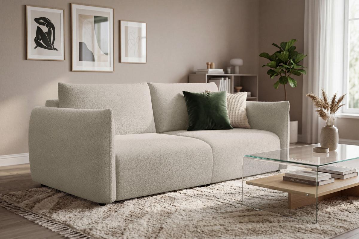 SOFA TAUER 3-Sitzer, Bouclé-Stoff beige - Beige/Schwarz, Holz/Textil (206/84/112cm) - Courtois Laville