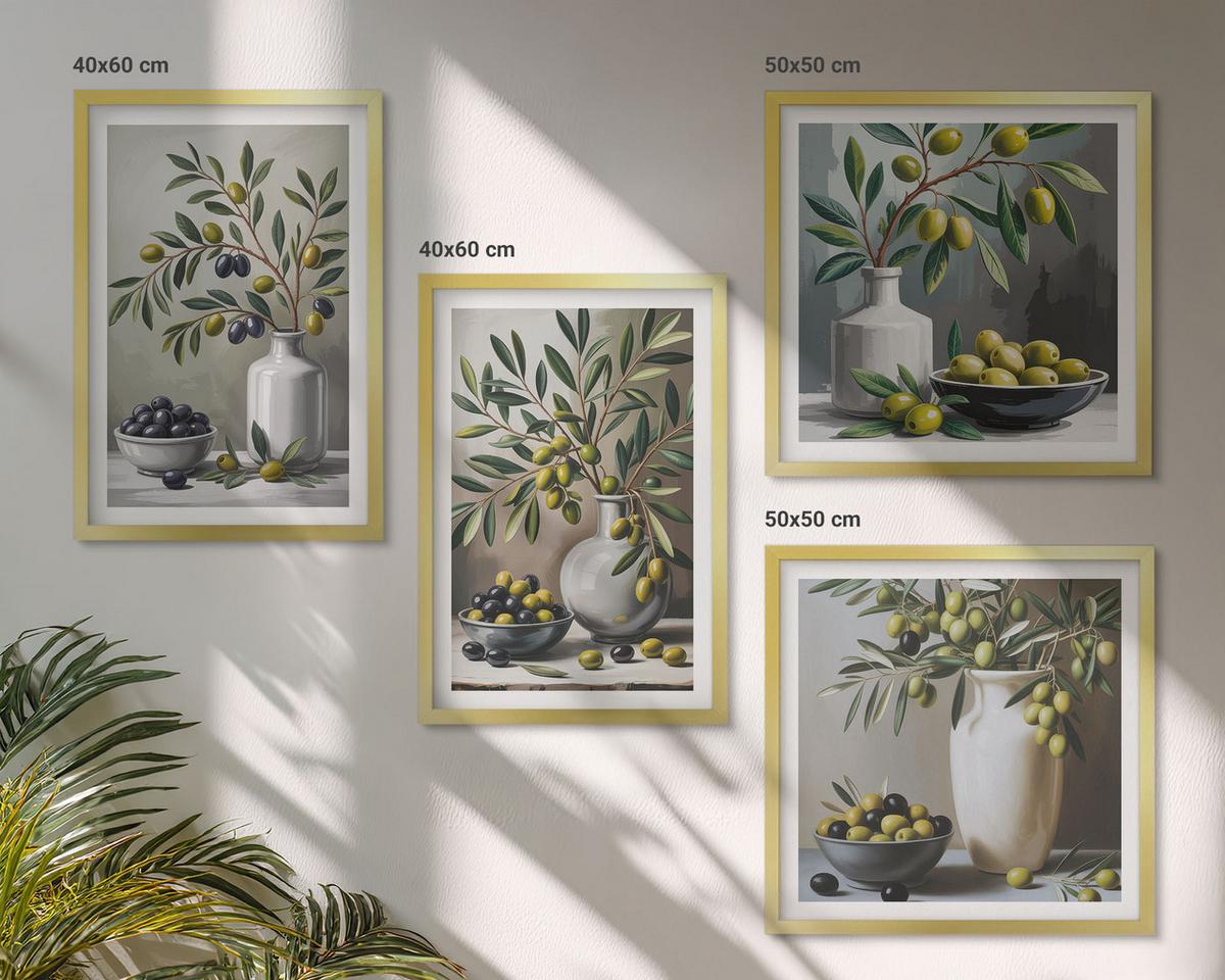 BILDER SET 4er Set - 50x50 cm & 40x60 cm Goldrahmen - Oliven in Keramikgrau - Goldfarben, Kunststoff (50/50cm) - TULUP