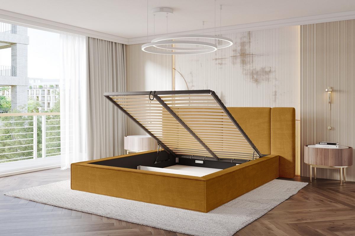 POLSTERBETT mit Bettkasten und Lattenrost, Bett mit Matratze H3/H4 - RIVO 140x200 Senfgelb - Gelb, Holzwerkstoff/Textil (140/200cm) - ALTDECOR