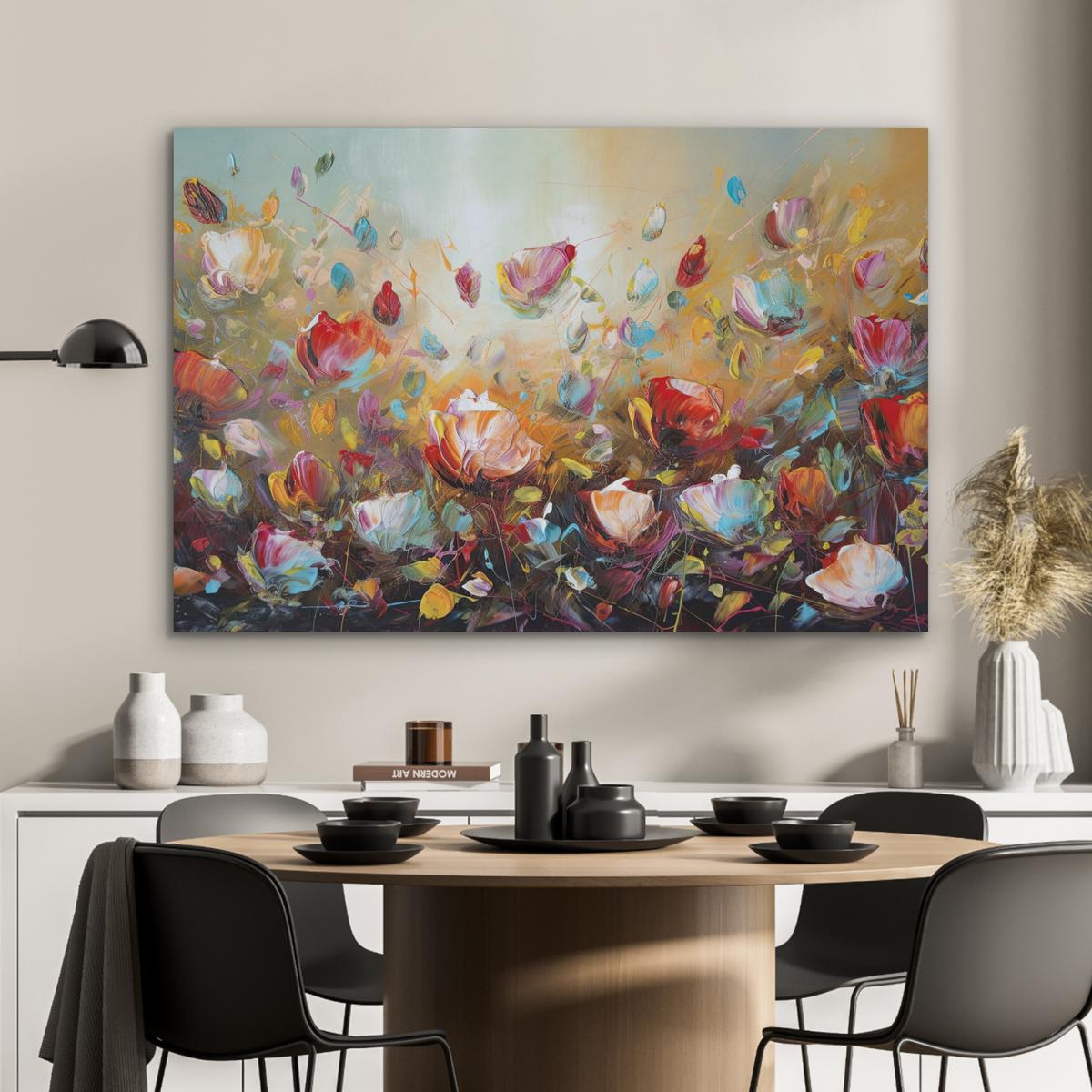 AKUSTIKBILD Blumen - Kunst - Natur - Ölgemälde Wandbild Wohnzimmer 100x70 cm - Multicolor, Kunststoff (100/70/0.9cm) - MuchoWow