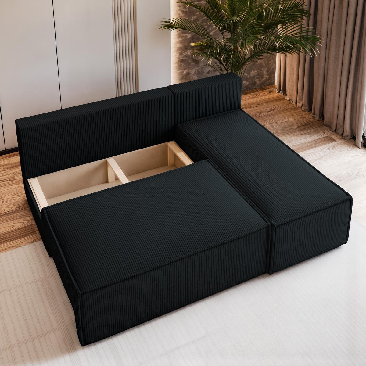 ECKSOFA BRISO P Schwarz Kordstoff mit Schlaffunktion - Schwarz/Grau, Holz/Kunststoff (200/140cm) - MASSENO