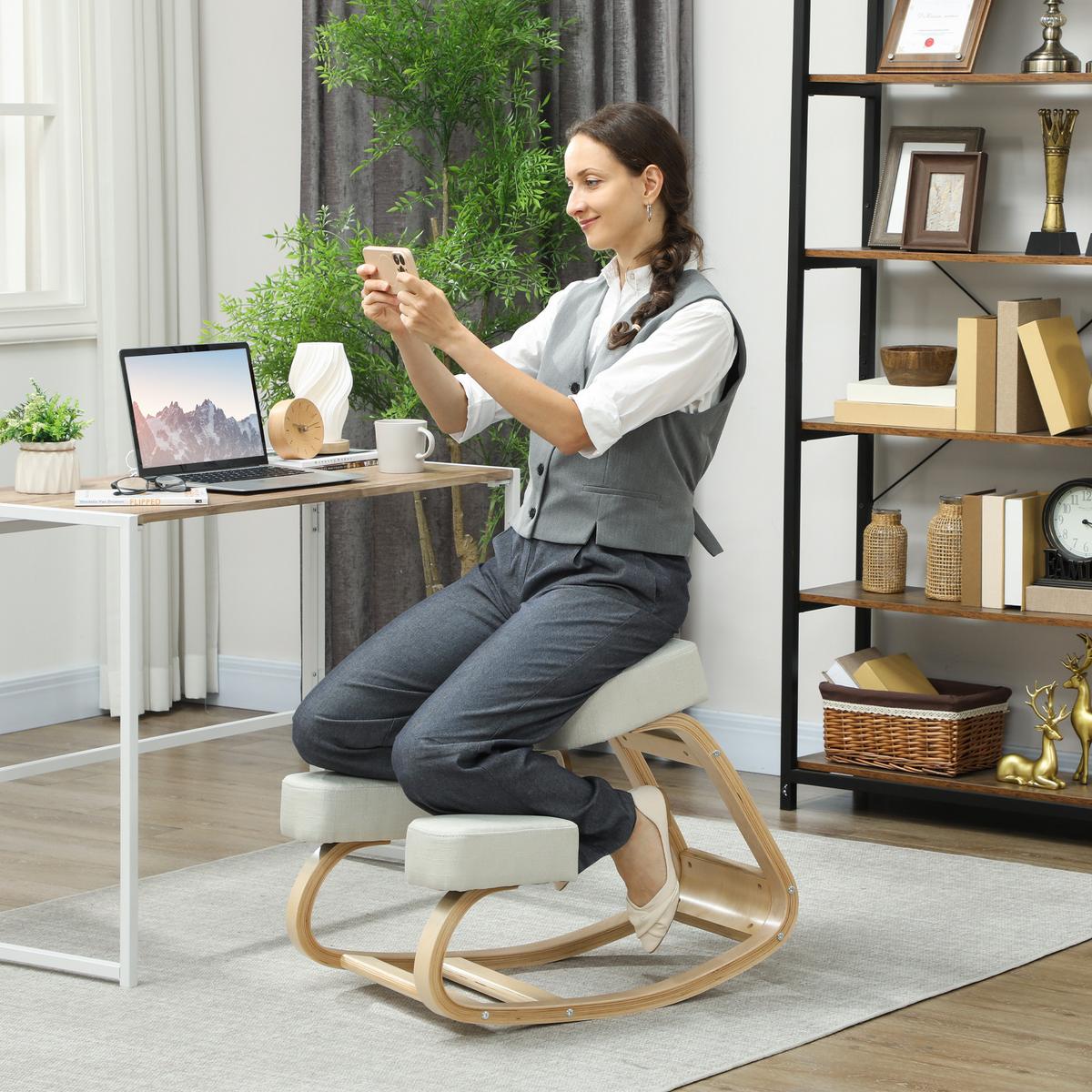 KNIESTUHL Birke Polyester Cremeweiß - Creme, Holz (51/58/69cm) - Vinsetto