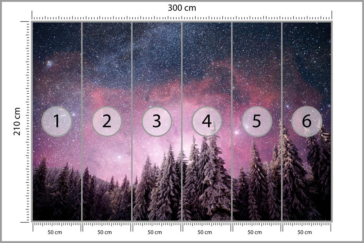 FOTOTAPETE für Schlafzimmer Verzauberter Tannenwald Winter Aurora 300x210 - Violett/Schwarz, Papier (300/210cm) - Muralo