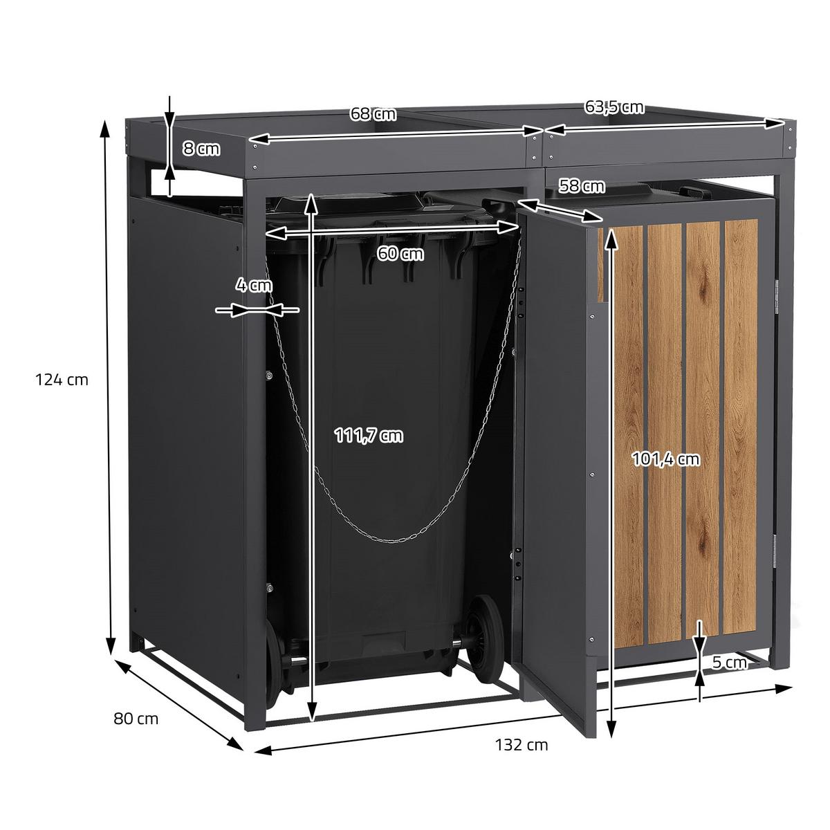 MÜLLTONNENBOX 2er mit Pflanzdach 240L Anthrazit-Holzoptik aus Stahl - Hellbraun, Metall (80/124/132cm) - ML-DESIGN