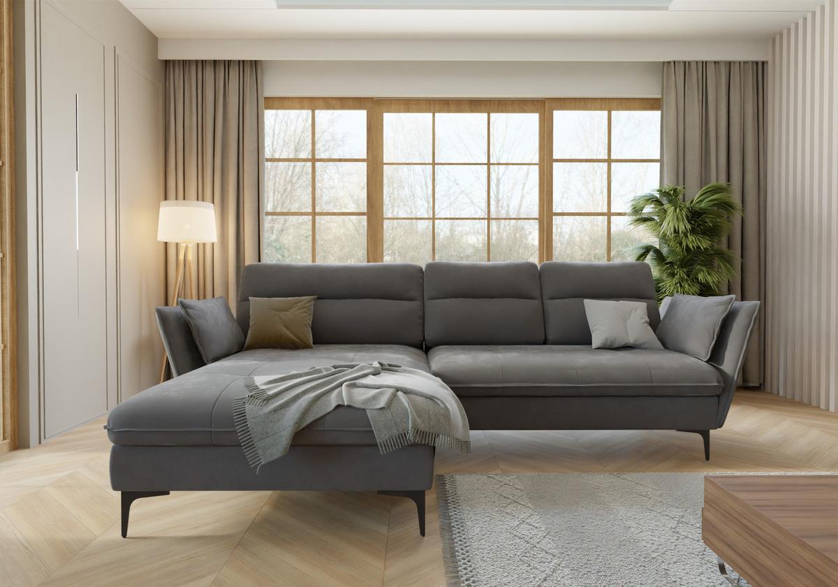 ECKSOFA Mira Grau Samt-Stoff - Schwarz/Grau, Textil/Metall (260/168cm) - S-Style Möbel