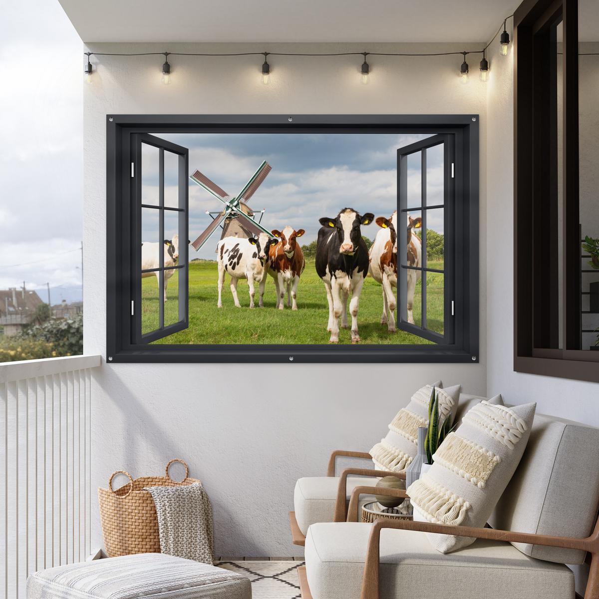 GARTENPOSTER Aussicht - Kuh - Mühle - Kühe - Wiese - Gras - Grün Poster für draußen 180x120 cm - Anthrazit, Kunststoff (180/120/0.2cm) - OnlyWow