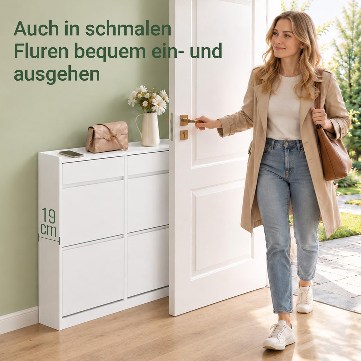 SCHUHKIPPER mit 4 Klappen, Schuhschrank schmal, nur 19 cm tief, 98x19x95 cm, Weiß, 4 Klappen und 2 Schubladen, für Flur, Diele & kleine Wohnungen - Weiß, Holz (98/95/19cm) - SoBuy