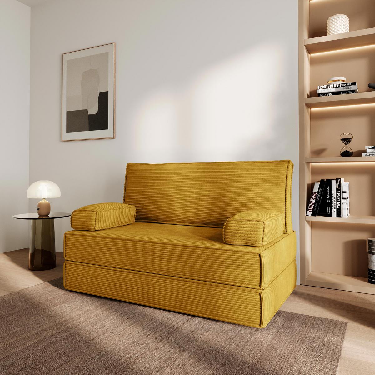 BETTSOFA LADIA aus Schaumstoff Kordstoff Gelb Schlaffunktion - Gelb, Textil (140/86/60cm) - MASSENO