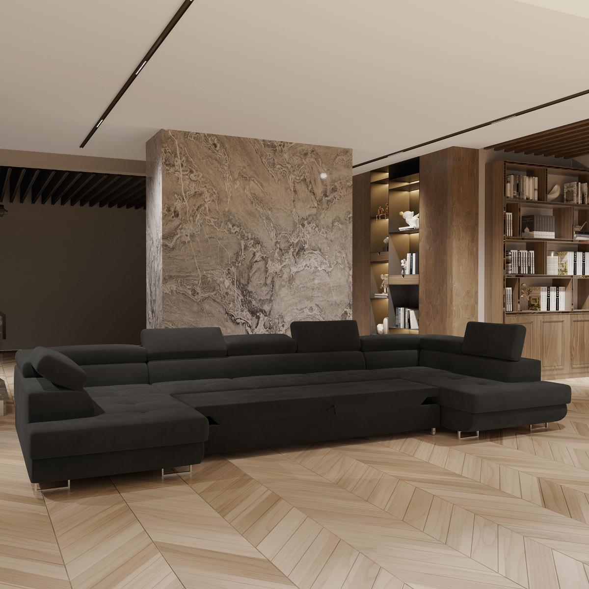 WOHNLANDSCHAFT ISOLANO Schwarz Velours-Stoff mit Schlaffunktion - Schwarz, Holz (408/90/202cm) - MASSENO
