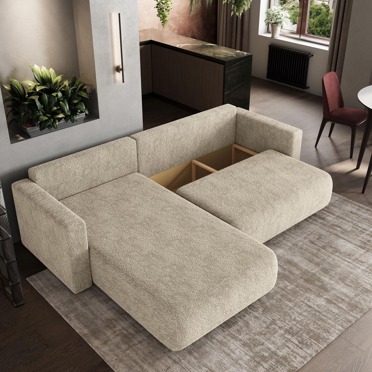 ECKSOFA TURIN N Creme Bucle-Stoff mit Schlaffunktion - Creme/Grau, Holz/Kunststoff (265/183cm) - MASSENO