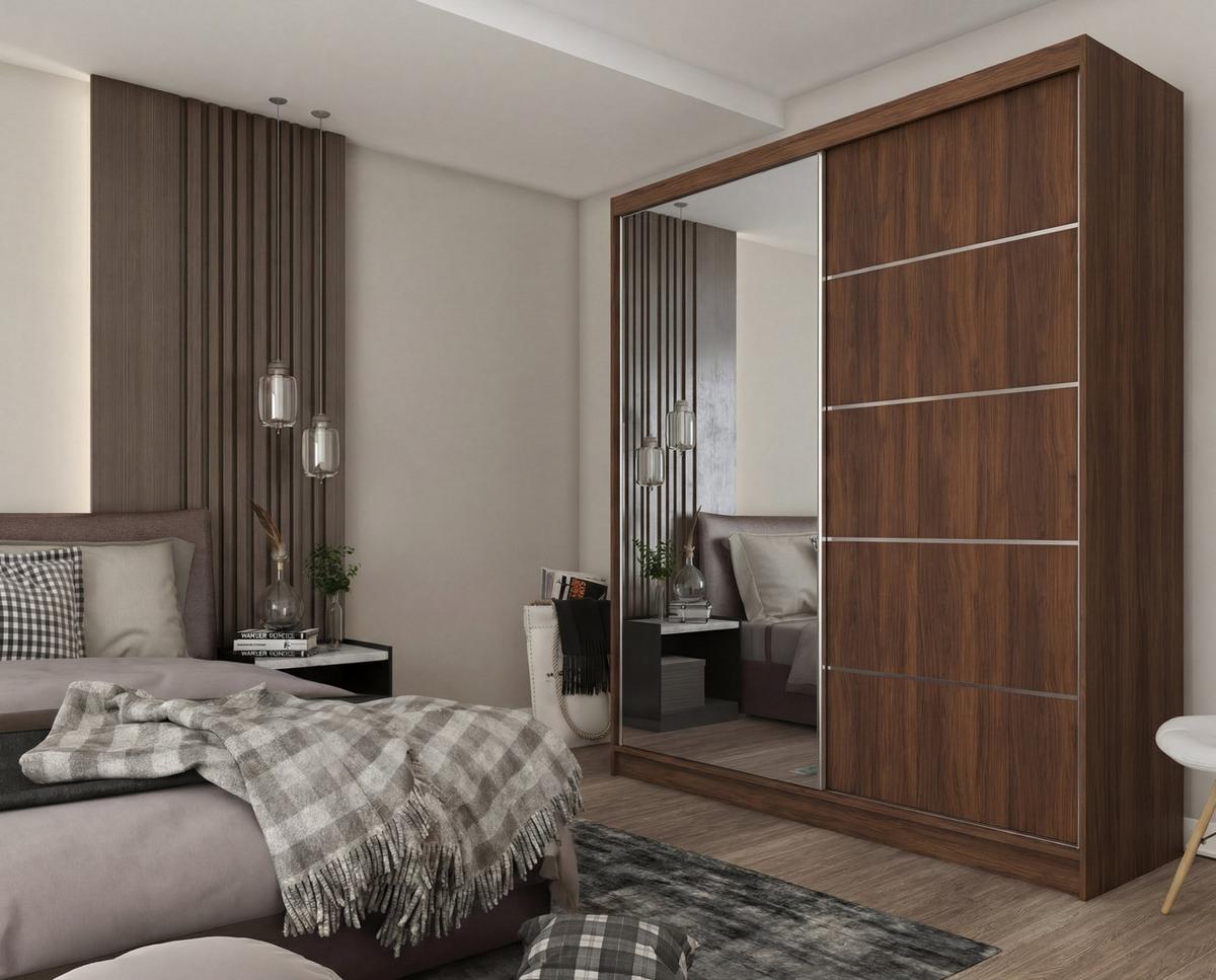 SCHWEBETÜRENSCHRANK MIRELLA 200/216/61 cm Modern Kleiderschrank 2-türig mit Spiegel Nussbaumfarben - Nussbaumfarben, Holzwerkstoff (200/216/61cm) - MASSENO