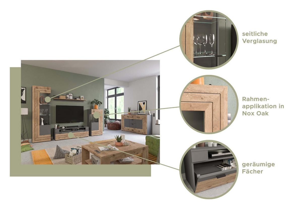 TV-LOWBOARD Eiche, grau matt 140 cm, TV Unterteil mit 4 Fächern - Eichefarben/Schwarz, Holzwerkstoff/Kunststoff (140/43/40cm) - Inn.Furn