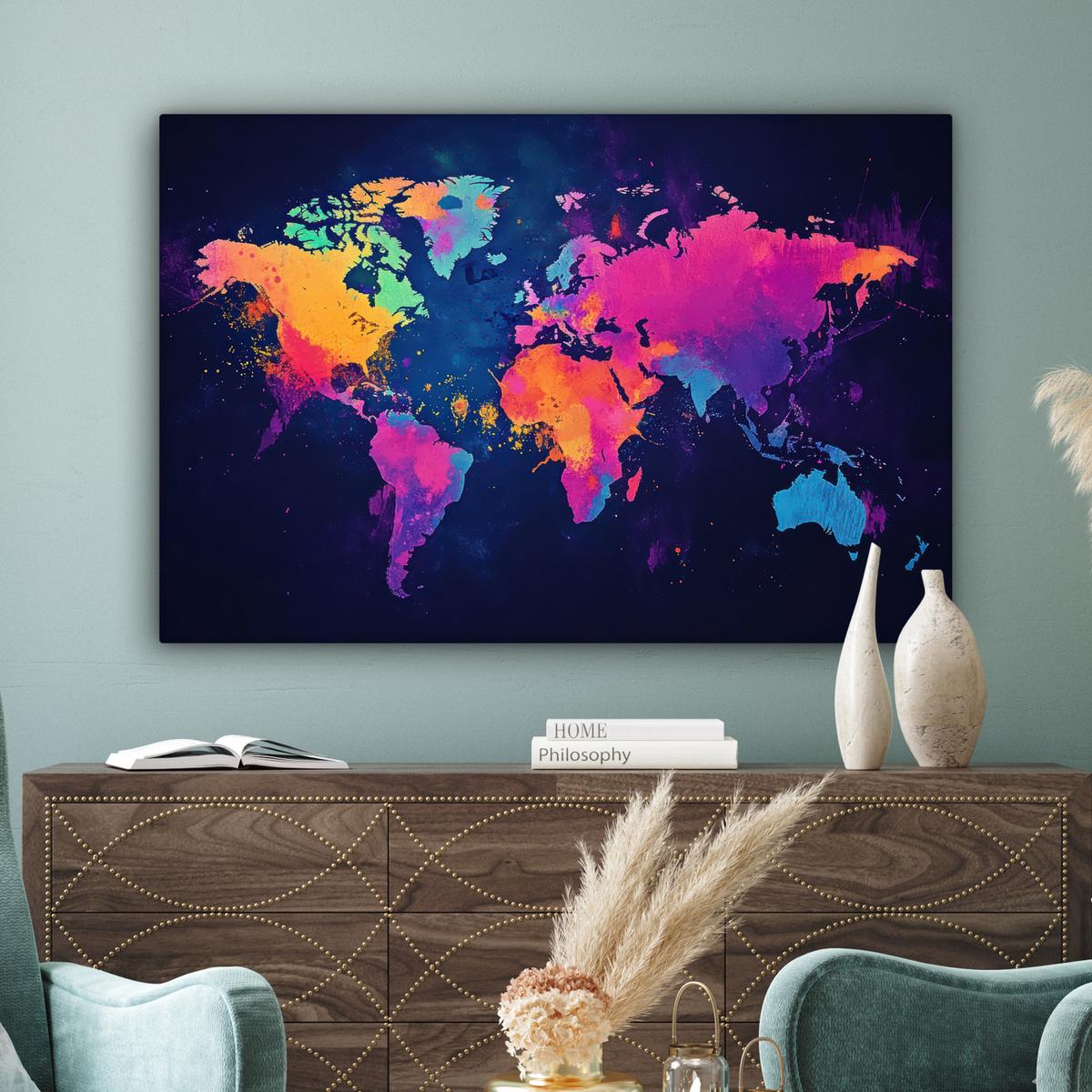 LEINWANDBILD Weltkarte - Bunt - Graffiti Groß 140x90 cm - Multicolor, Textil (140/90cm) - MuchoWow