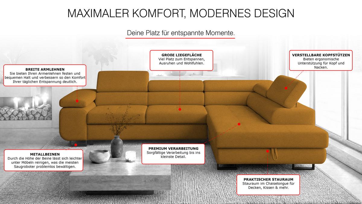 ECKSOFA Velmo mit Bettkasten und Schlaffunktion, verstellbaren Kopfstützen, in L-Form - Goldfarben, Textil (275/203cm)