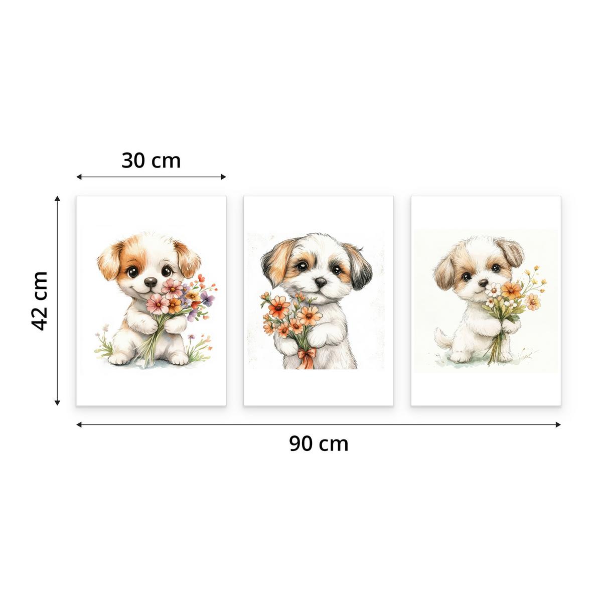 POSTER SET für Kinderzimmer HUNDE Welpen Blumen Tiere 3x Poster A3 30x42cm - Beige/Rot, Papier (30/42/1cm) - Muralo