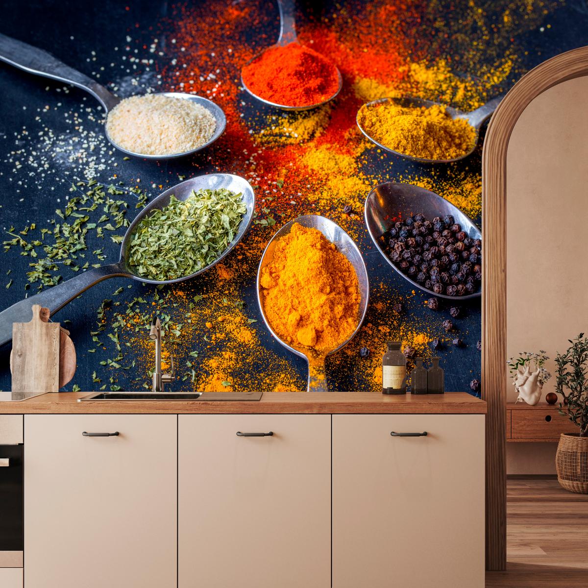 FOTOTAPETE für Küche Gewürzlöffel Orientalisch Curry Kurkuma Pfeffer 150x105 - Beige/Rot, Papier (150/105cm) - Muralo