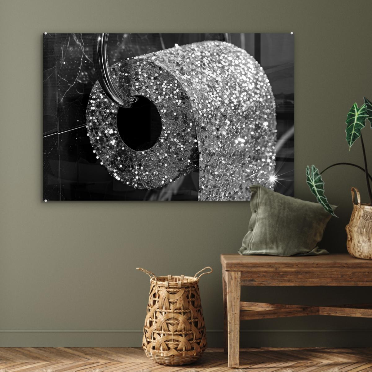 ACRYLGLASBILD WC - Toilettenpapier - Schwarz und weiß - Glitter Wandbild Schlafzimmer 120x80 cm - Silberfarben, Glas (120/80cm) - MuchoWow