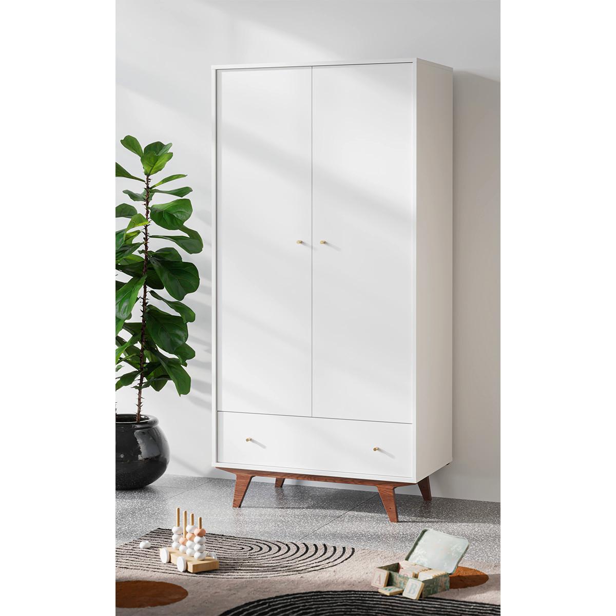 SCHRANK 2 Türen Mid Weiß und Holz - Weiß, Holzwerkstoff (90/185/50cm) - Petits-meubles