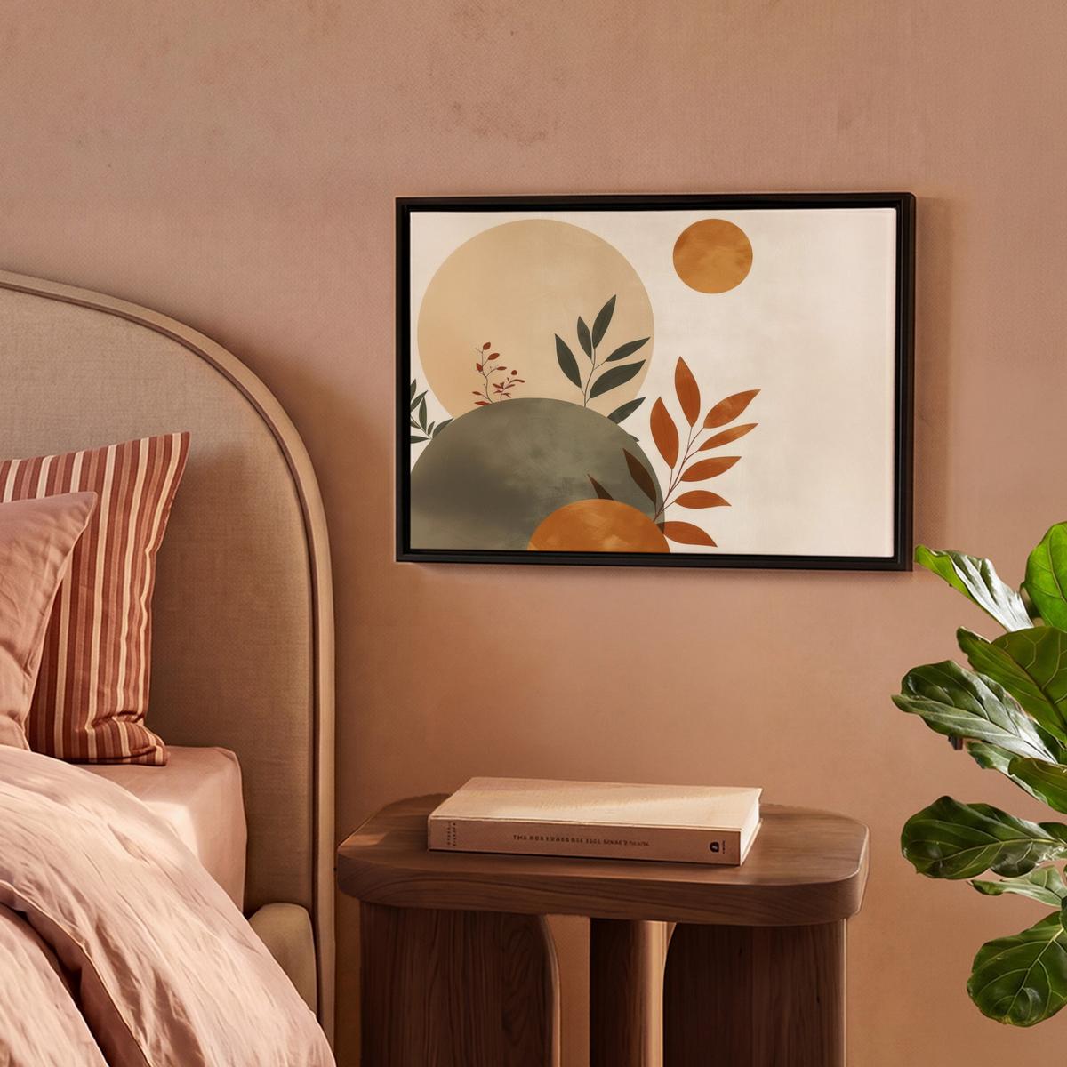 LEINWAND Bilder mit Rahmen - Formen - Rund - Blätter - Beige - 40x30 - Rostfarben, Textil (40/30cm) - MuchoWow