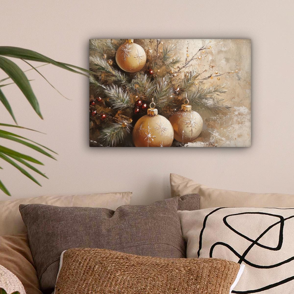 LEINWANDBILD Weihnachten - Kugeln - Beige - Gold Deko Schlafzimmer 30x20 cm - Goldfarben, Textil (30/20cm) - MuchoWow