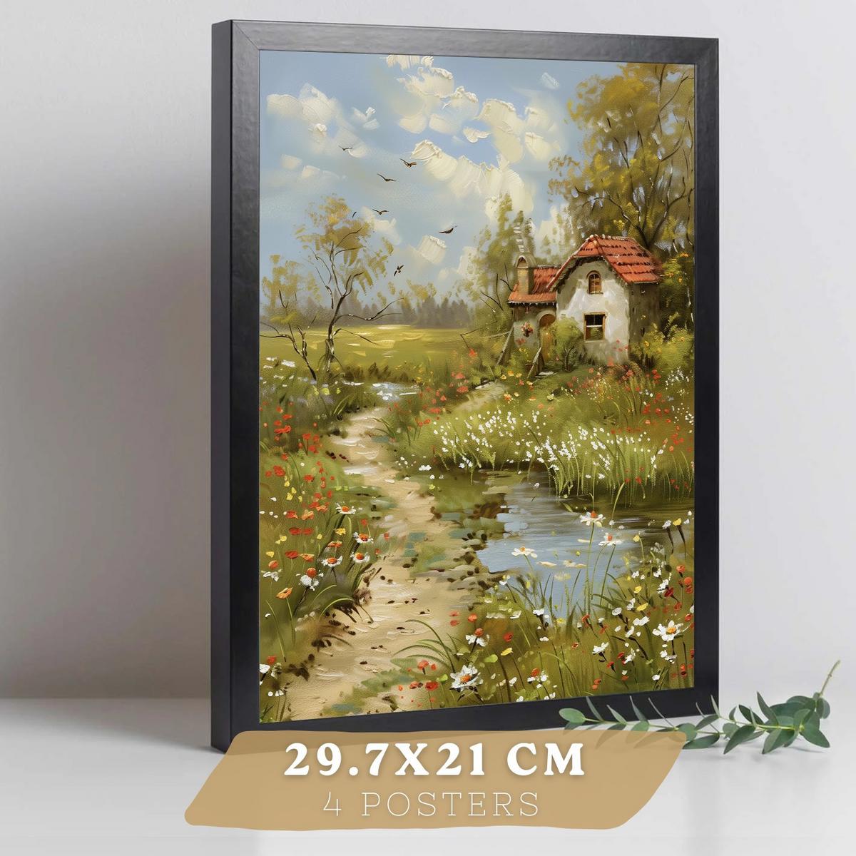 POSTER 4er Bilder-Set Wandbilder Impressionismus Landschaft modern Wohnzimmer Deko, Schlafzimmer, Küche, Badezimmer Schwarzer Rahmen A4 - Schwarz, Papier (29.7/1/21cm) - Nacnic