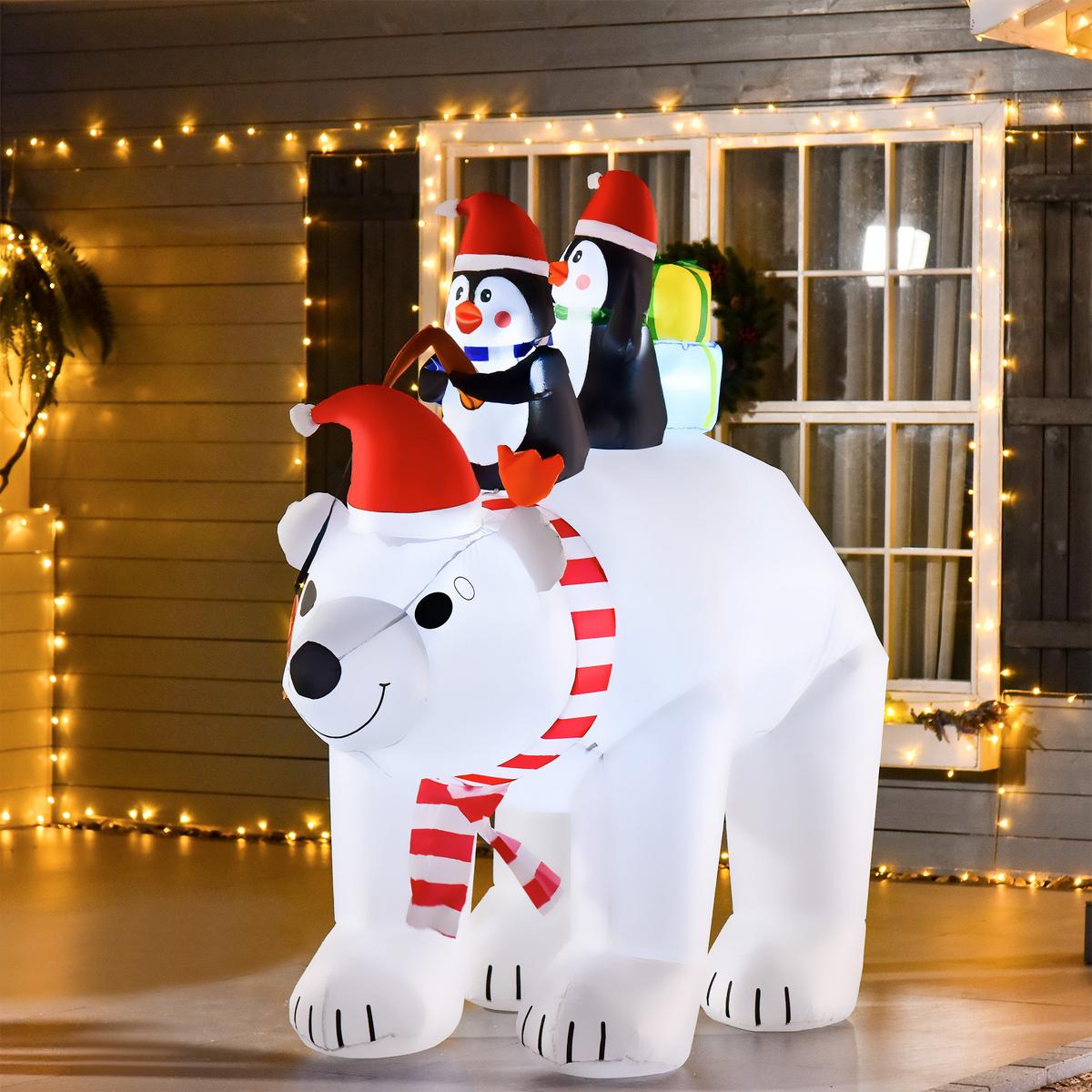 AUFBLASBARE Pinguine auf Eisbär Dekoration 2,1 m mit Lichtern Polyester - Multicolor, Kunststoff (113/206/227cm) - HOMCOM