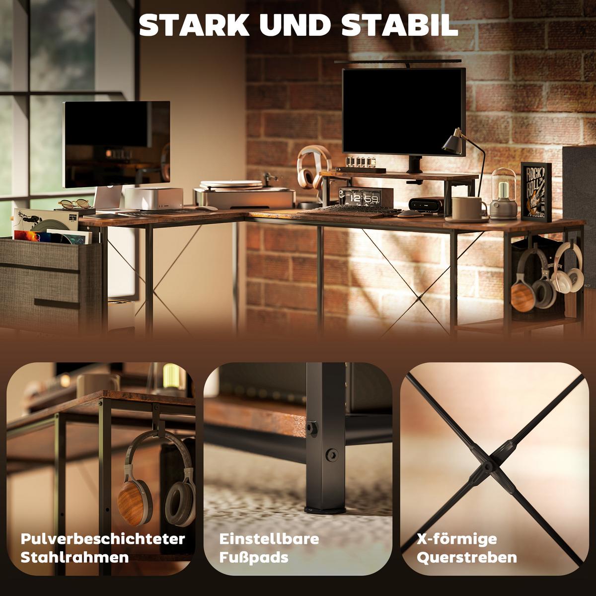 L-FÖRMIGER Schreibtisch 168 x 120 cm Eckschreibtisch mit Ablagefächern - Braun, Metall (168/120/90cm) - HOMCOM
