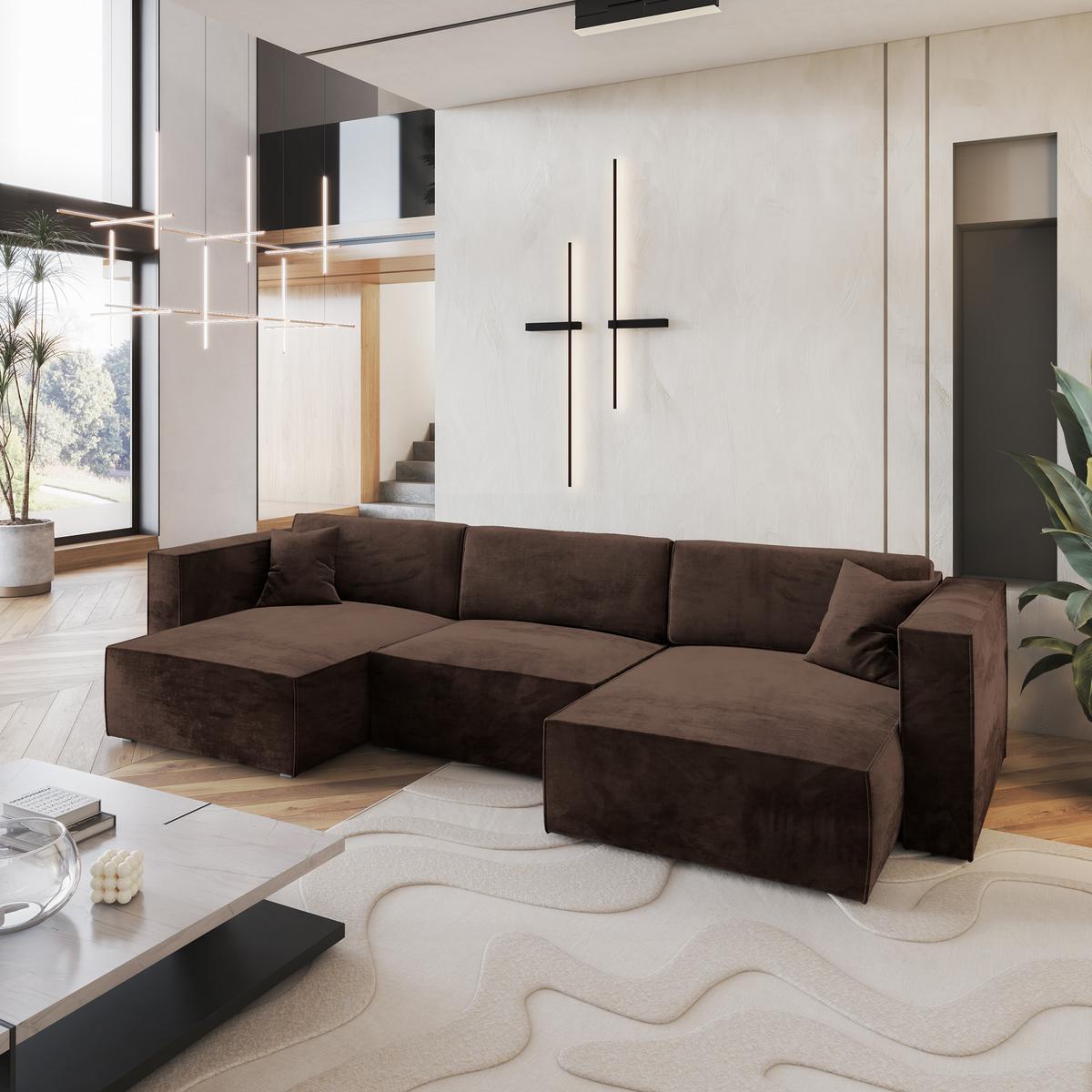 WOHNLANDSCHAFT SARMO M Braun Velours-Stoff mit Schlaffunktion - Braun/Grau, Holz/Kunststoff (347/70/148cm) - MASSENO
