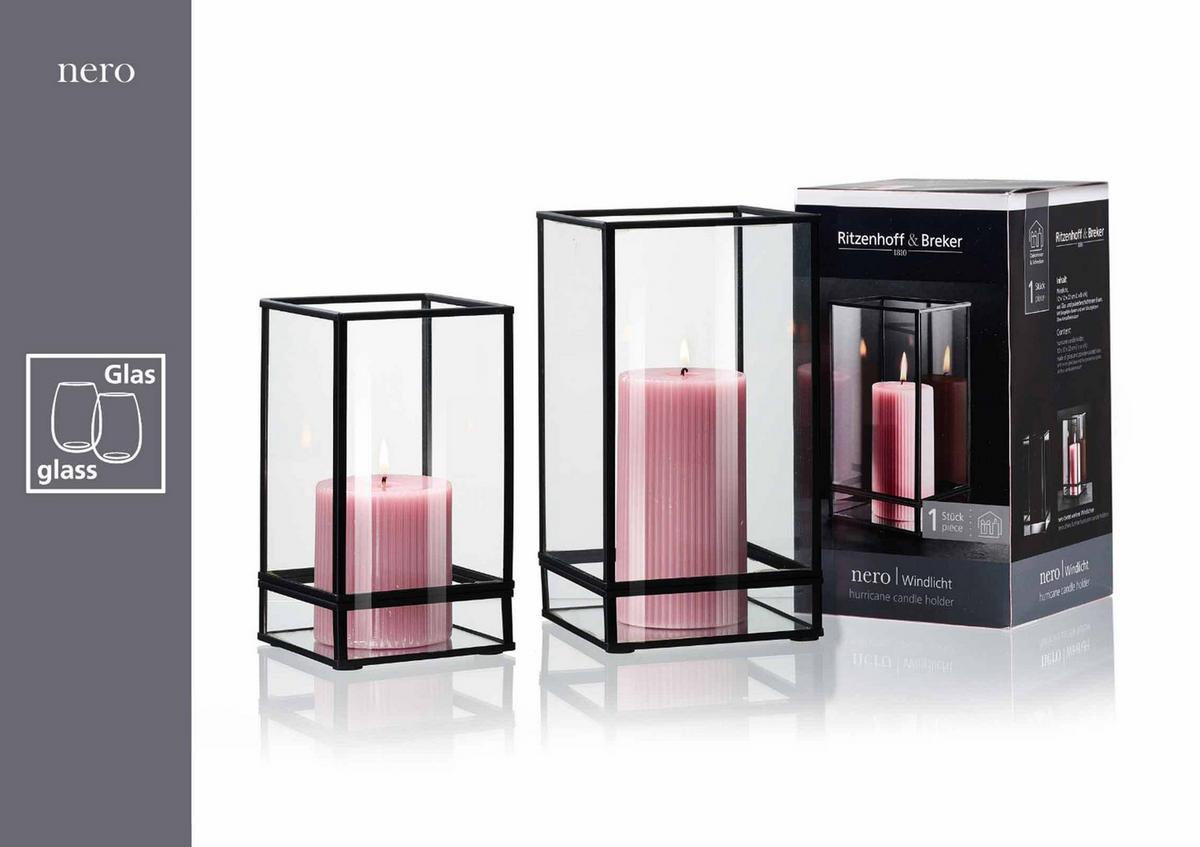 WINDLICHT Nero 17,5 cm - Transparent/Schwarz, Glas/Metall (10/17.5/10cm) - Ritzenhoff Breker