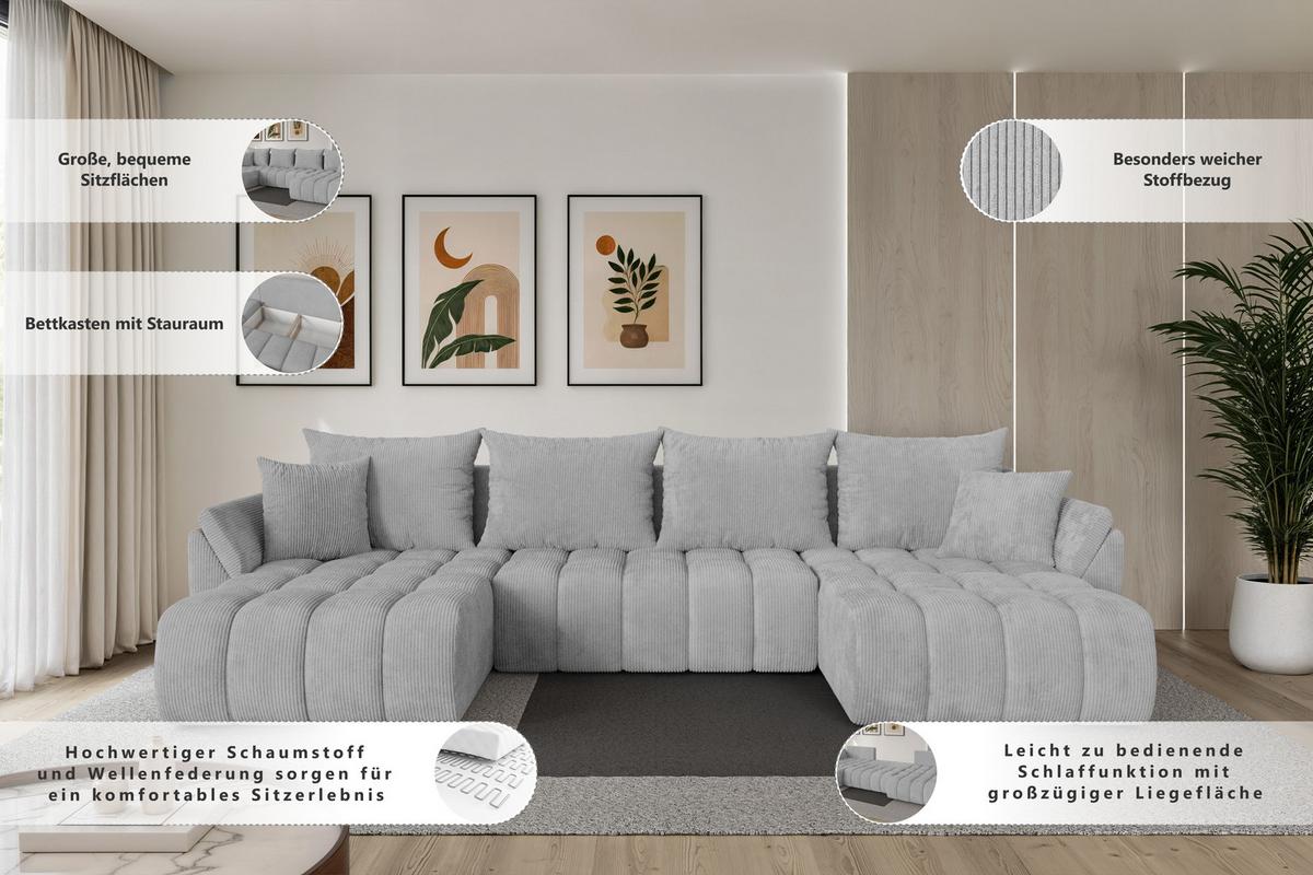 WOHNLANDSCHAFT mit Schlaffunktion und Bettkasten TOKO-U-v1 378x194x86 Beige Cord - Beige/Schwarz, Holzwerkstoff/Kunststoff (378/86/194cm) - ALTDECOR