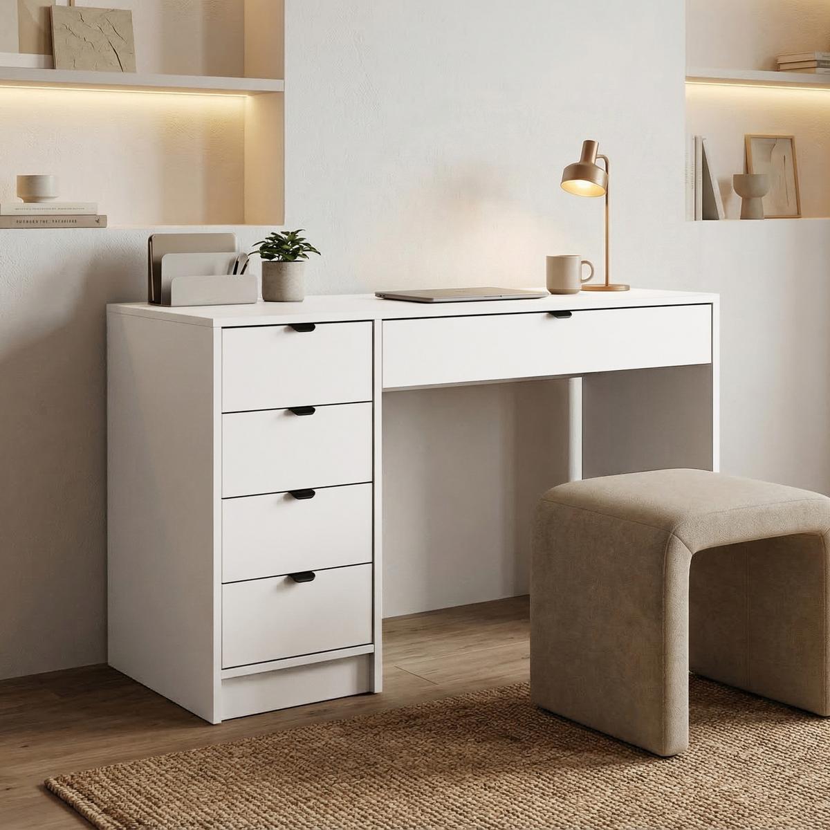 SCHREIBTISCH Malta mit 5 Schubladen, mit Griffen, Weiß - Schwarz/Weiß, Holzwerkstoff/Metall (57/120/75.5cm) - Beautysofa