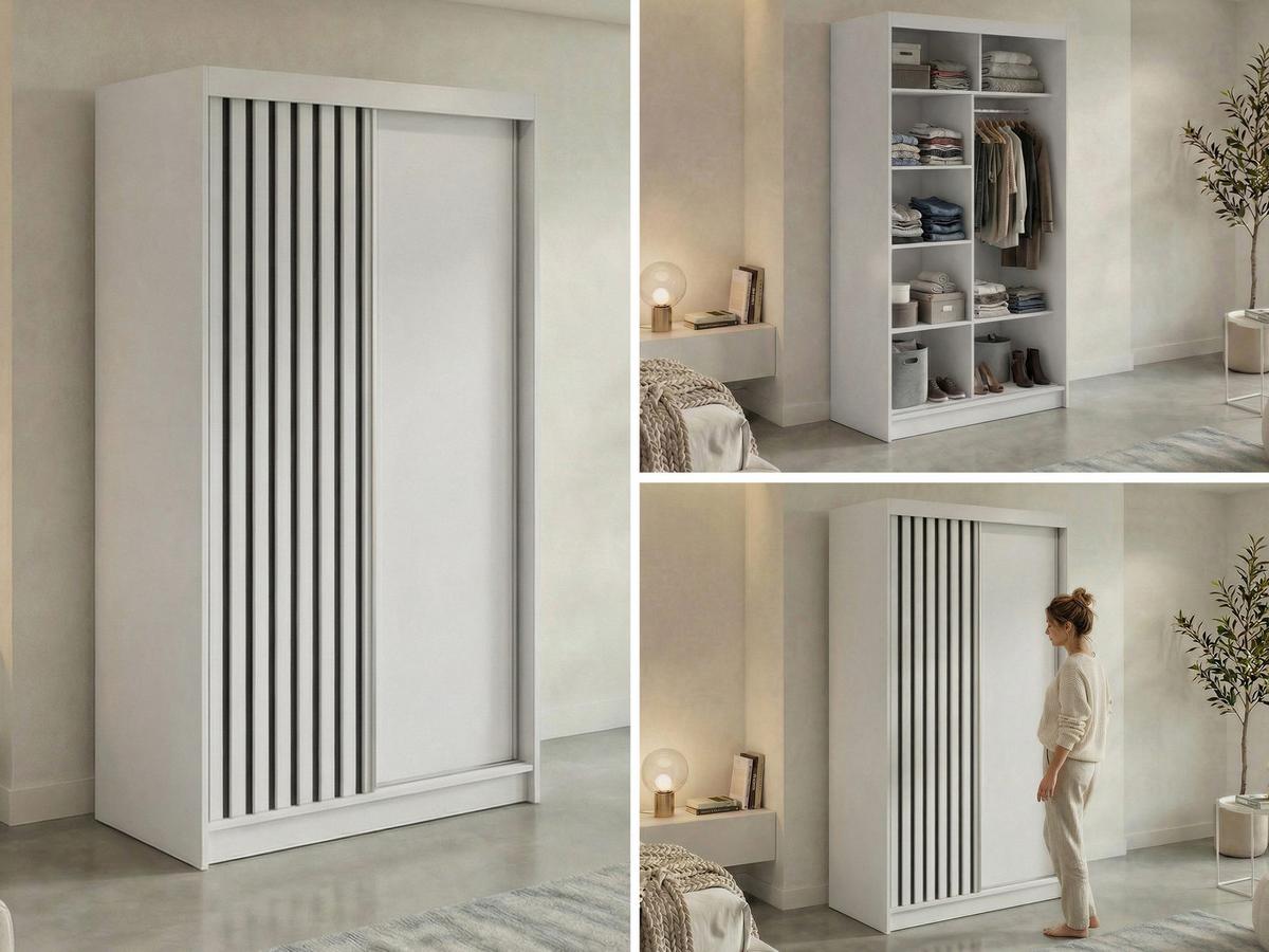 SCHWEBETÜRENSCHRANK mit Lamellen LUMOS - 120 - Weiß und Schwarz - Schwarz/Alufarben, Holzwerkstoff/Metall (120/216/61cm) - MKS