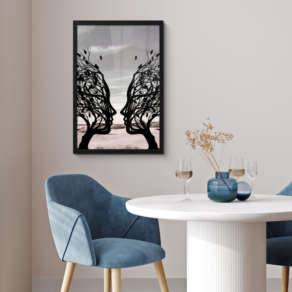 POSTER MIT RAHMEN Strand - Meer - Menschen - Baum - Moderne Kunst Bilder mit Rahmen 40x60 cm - Hellgrau, Papier (40/60cm) - MuchoWow