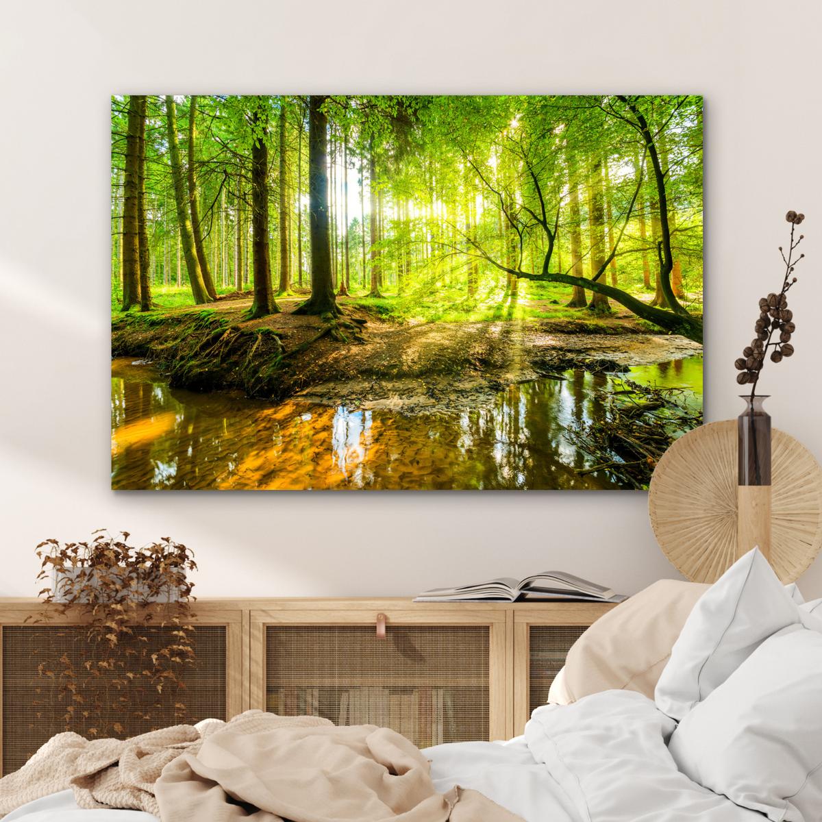 METALLBILD Wald - Landschaft - Wasser - Bäume - Sonne - Grün - Natur Wanddeko 90x60 cm - Grün, Metall (90/60cm) - MuchoWow