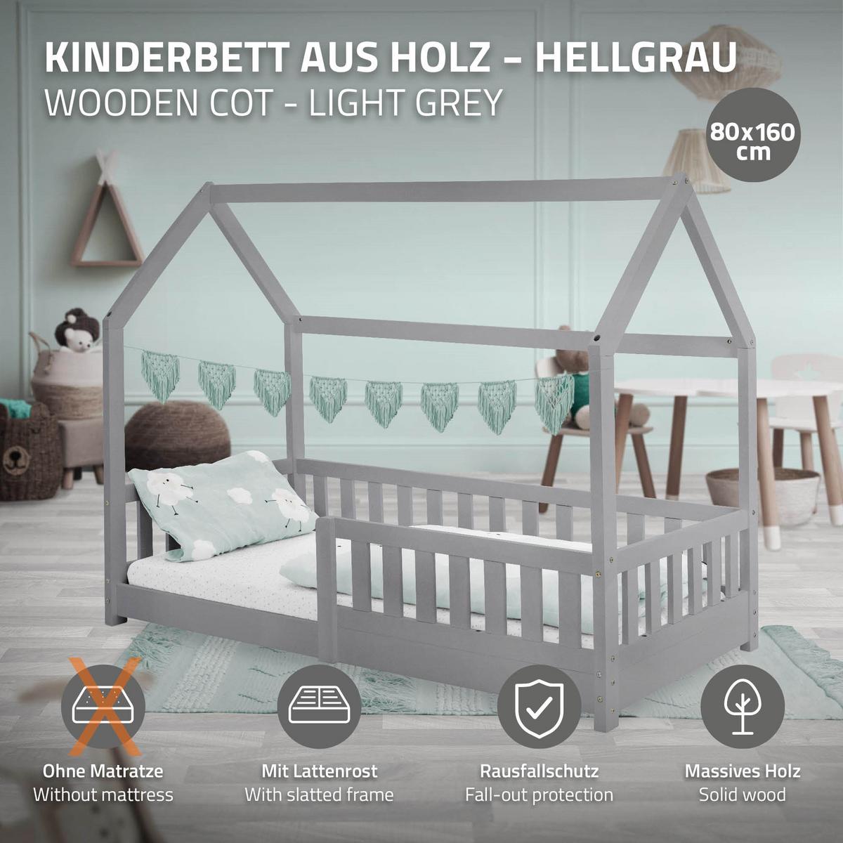 KINDERBETT mit Dach 80x160 cm Hellgrau - Hellgrau, Holz (80/160cm) - ML-DESIGN
