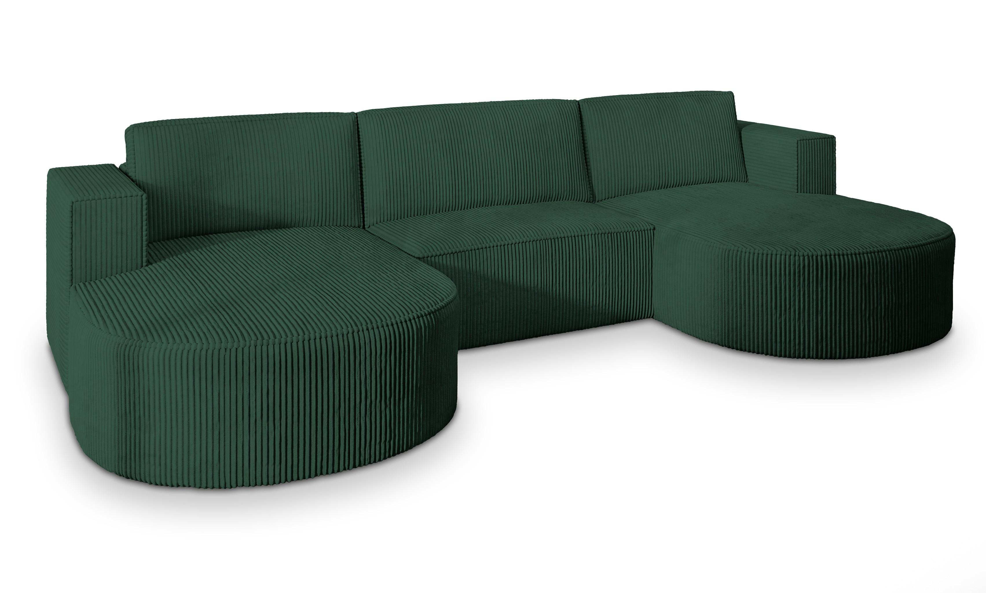 WOHNLANDSCHAFT VEZZO P Grün Kordstoff mit Schlaffunktion - Grau/Grün, Holz/Kunststoff (347/85/174cm) - MASSENO