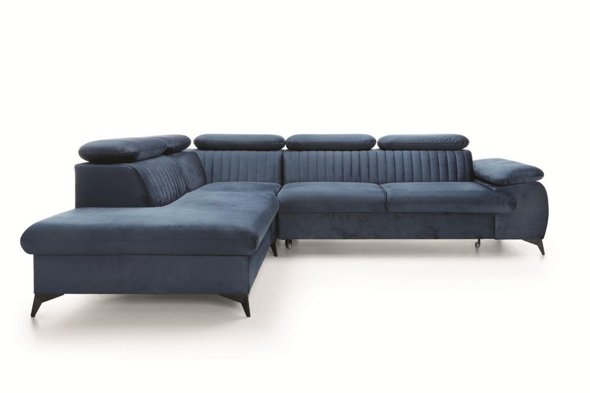 ECKSOFA FIORE Blau Velours-Stoff mit Schlaffunktion - Blau, Holz (275/221cm) - MASSENO