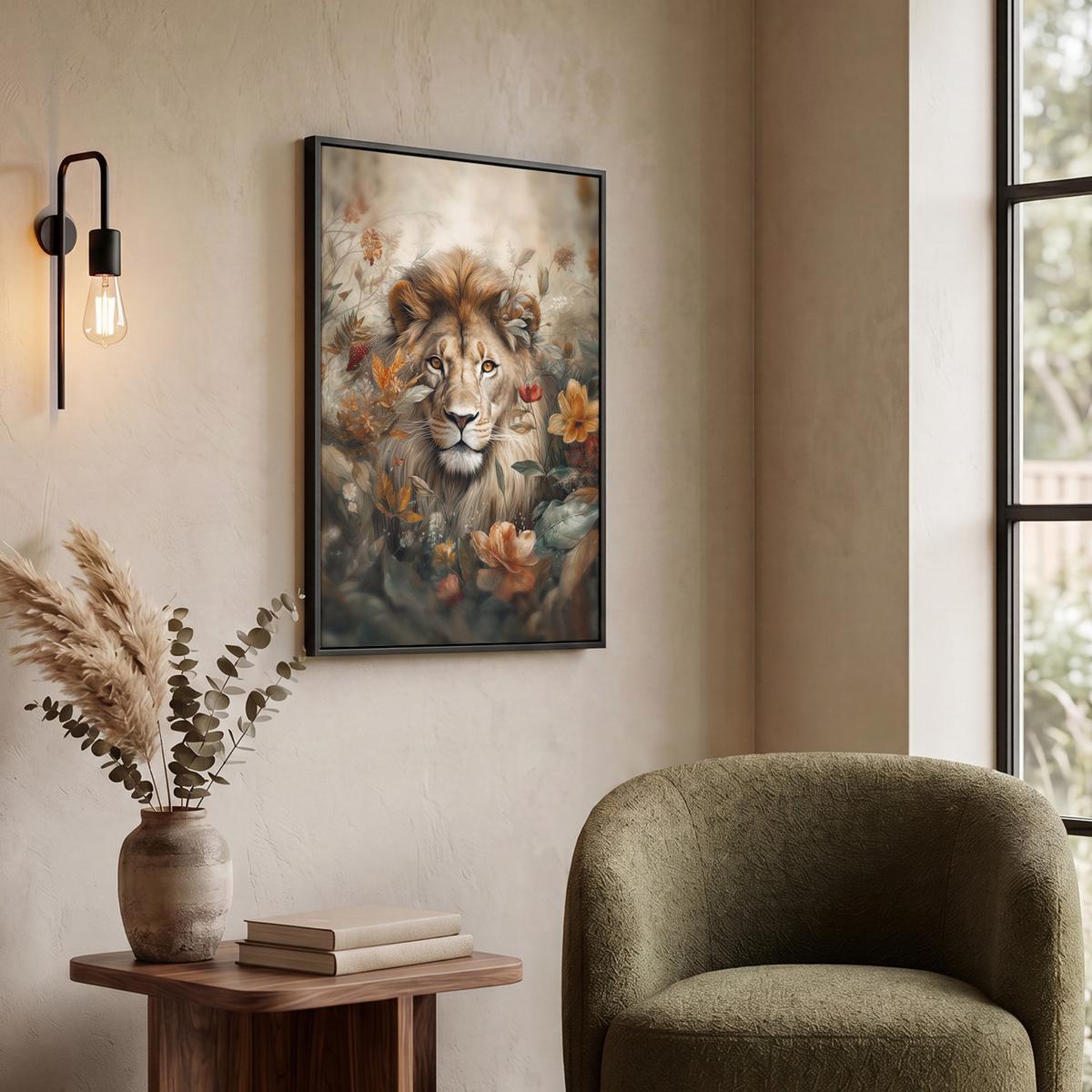 LEINWAND Bilder mit Rahmen - Löwe - Wildtiere - Pflanzen - Natur - Blumen - 60x80 - Beige, Textil (60/80cm) - MuchoWow
