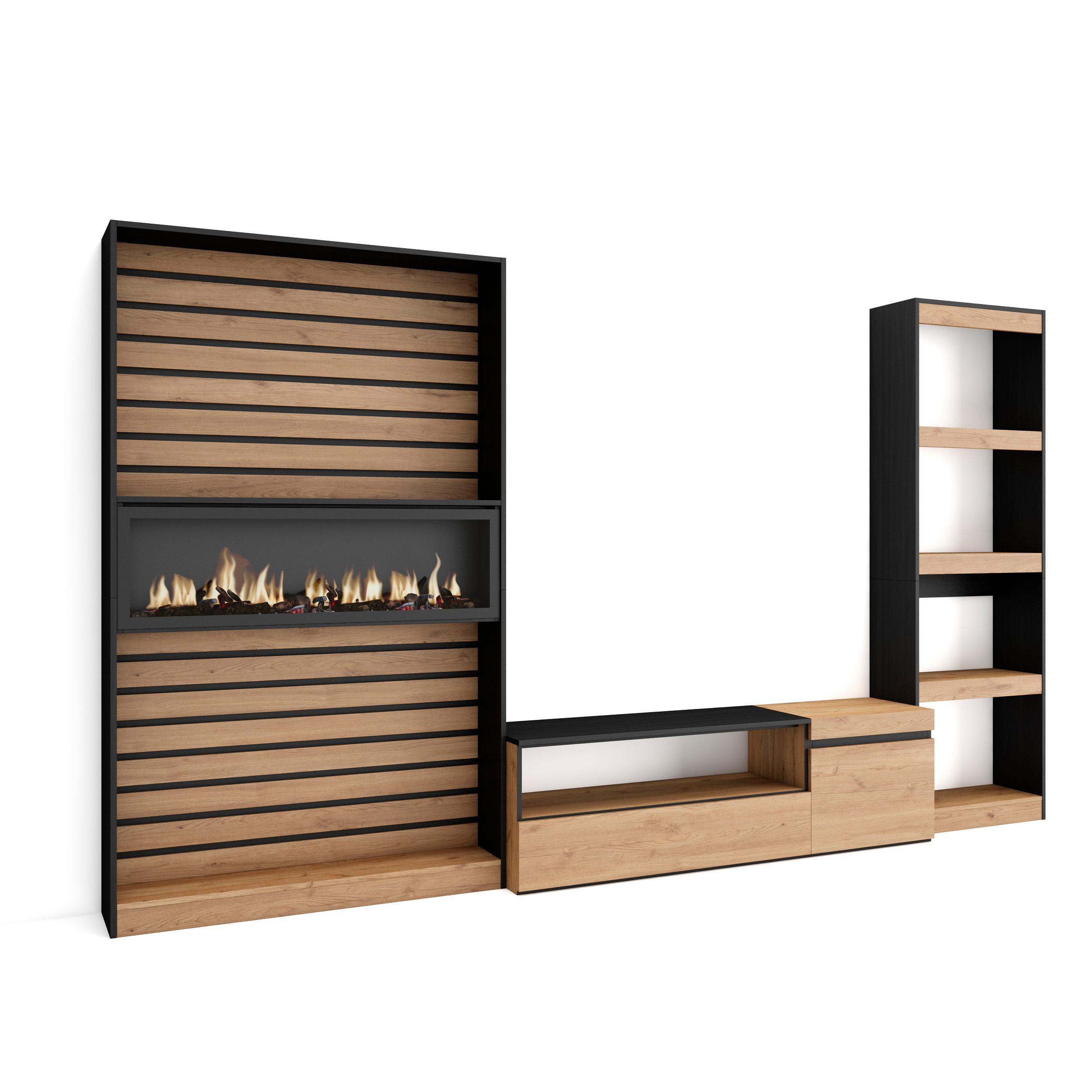 WOHNWAND Elektrokamin, eiche, schwarz, 320/35/186cm - Eichefarben/Schwarz, Holzwerkstoff (320/186/35cm) - Skraut Home