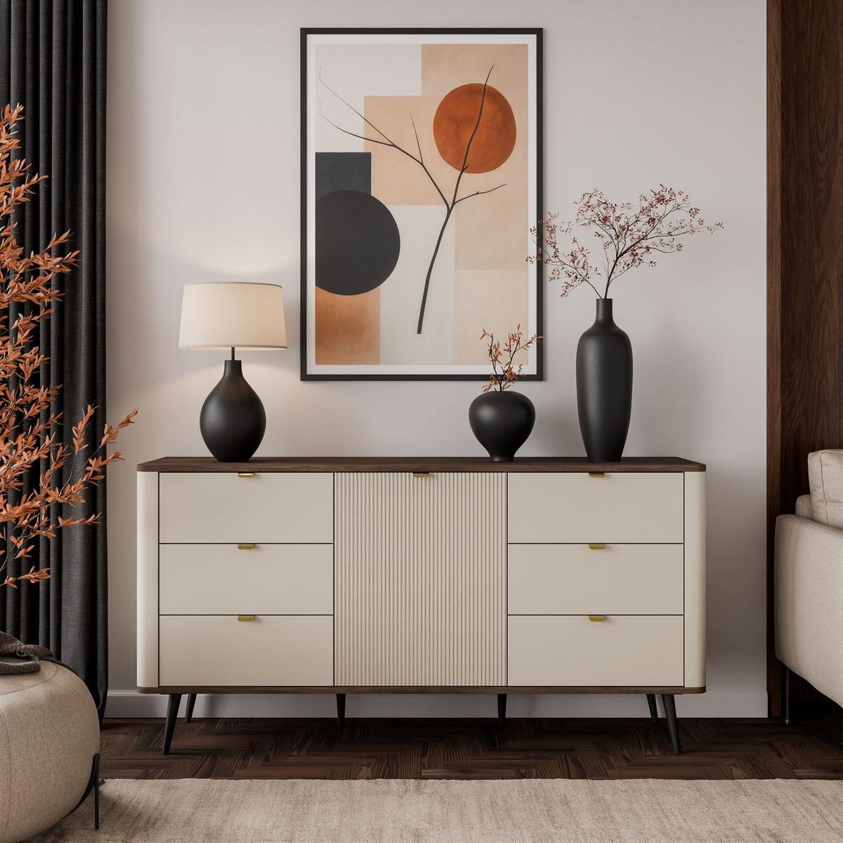 KOMMODE für den Flur AUTUMN 1D6S mit sechs Schubladen, Kaschmir / Nussbaum - Beige/Braun, Holzwerkstoff (160/82/40cm) - Lookway