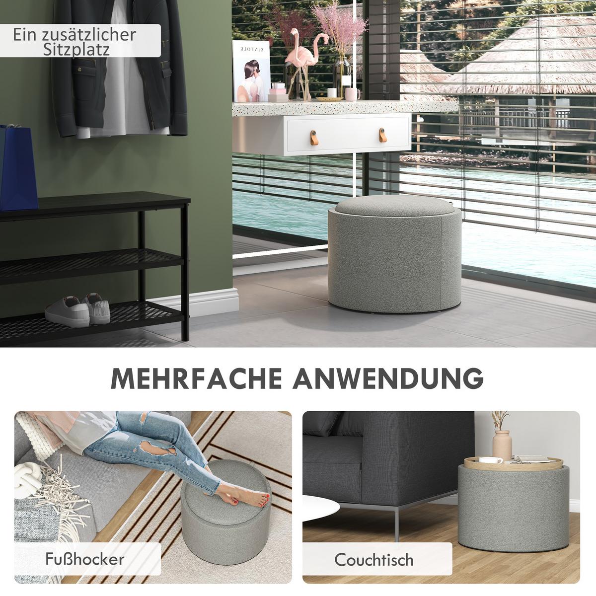 SITZHOCKER Rund mit Polsterung und Stauraum, Klappdeckel, Grau - Grau, Textil (56/42/56cm) - HOMCOM