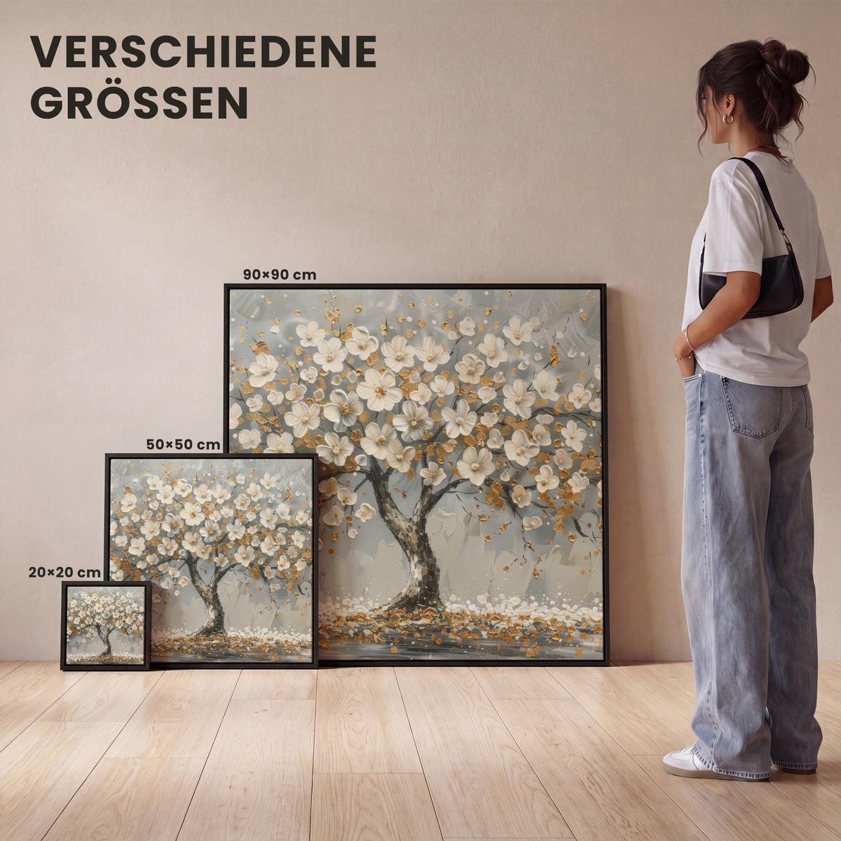 LEINWAND Bilder mit Rahmen - Baum - Blumen - Weiß - Natur - Kunst - 90x90 - Weiß, Textil (90/90cm) - MuchoWow