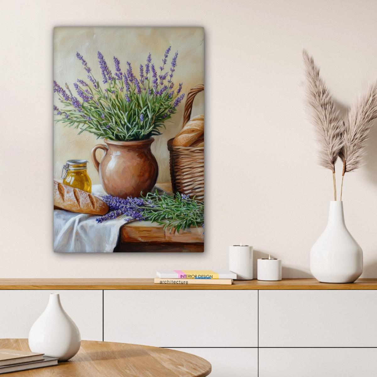 LEINWANDBILD Lavendel - Brot - Stilleben Wanddeko 40x60 cm - Flieder, Textil (40/60cm) - MuchoWow