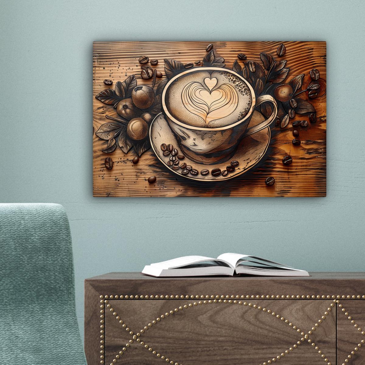 LEINWANDBILD Kaffee - Vintage - Braun - Tasse - Holz Deko Schlafzimmer 30x20 cm - Braun, Textil (30/20cm) - MuchoWow