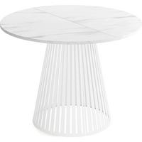 ESSTISCH Naro rund ausziehbar mit Weißem Lamellen-Metallgestell, Marmor Weiß 120-200/120/76 cm - Ecru/Weiß, Holzwerkstoff/Metall (120/196/76cm) - WFL GROUP