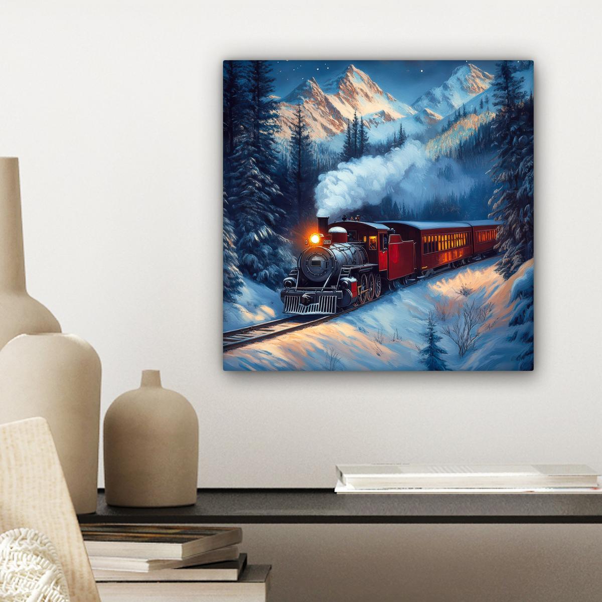 LEINWANDBILD Zug - Weihnachten - Schnee - Weihnachtszug Deko Wohnzimmer 20x20 cm - Anthrazit, Textil (20/20cm) - MuchoWow