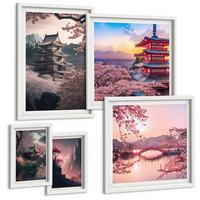 BILDER SET 5er Set - 50x50 cm & 20x30 cm & 40x60 cm Weißer Rahmen - Fantasielandschaften Japans - Weiß, Kunststoff (40/60cm) - TULUP